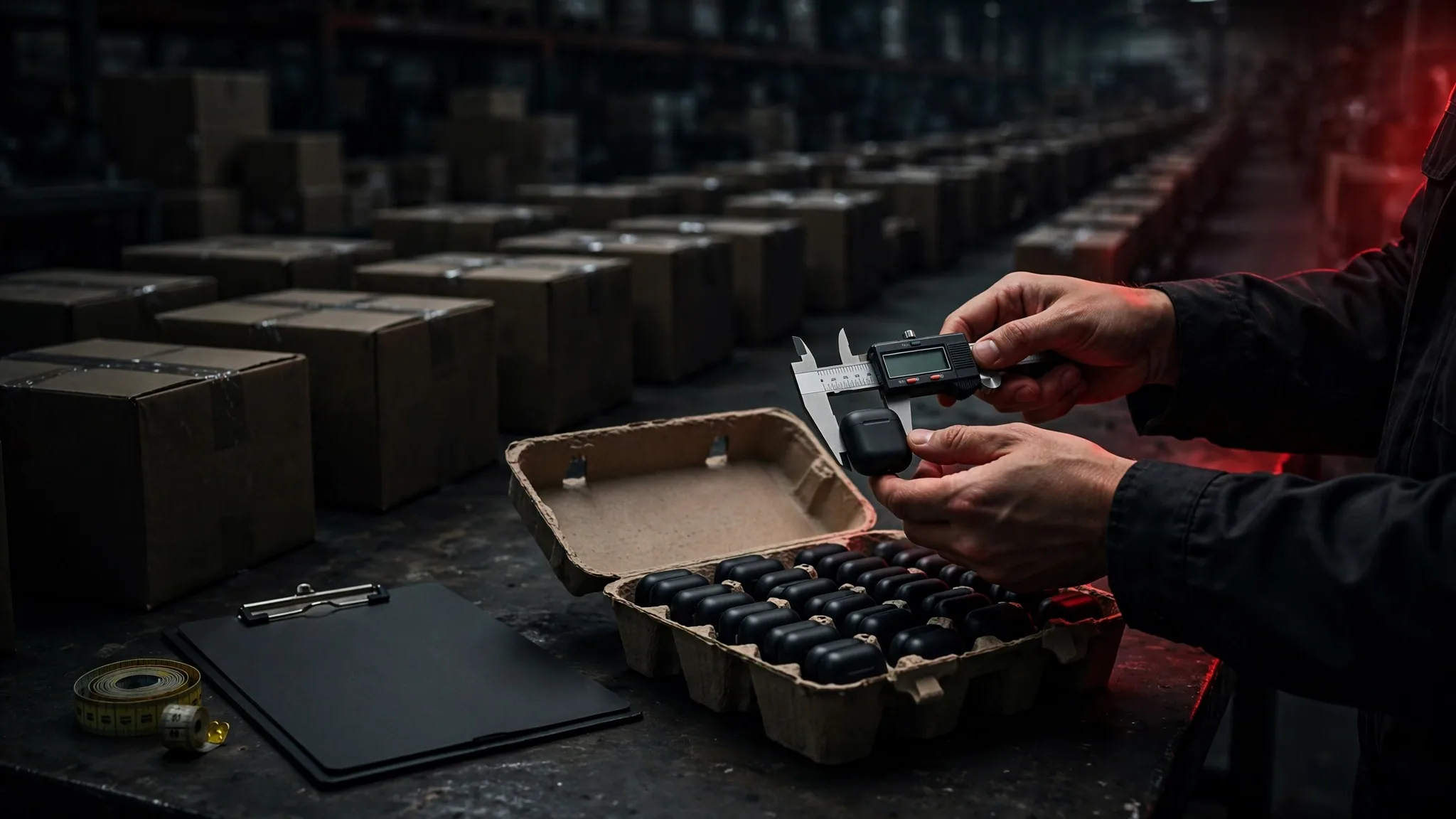 China pre-shipment inspection checklist — an inspector measuring a sampled unit at a factory packing table, ZAXIUS